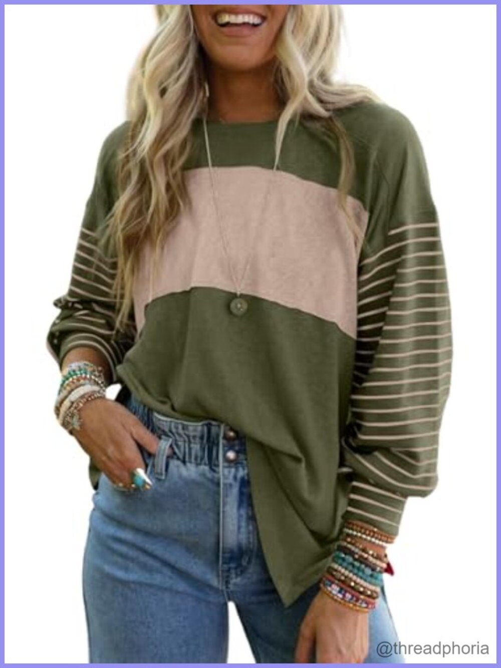 Womens Oversized Color Block Tunic Top Long Sleeve Round Neck Casual Shirt